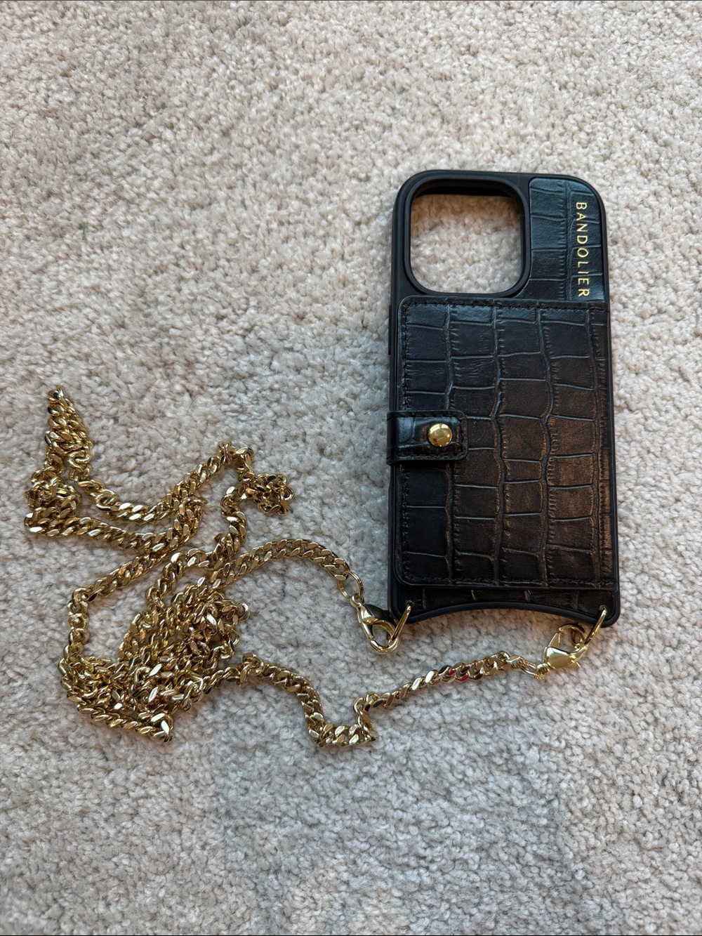 Bandolier Black Croc Leather Phone Case with Gold Chain Strap iPhone 16 Pro
